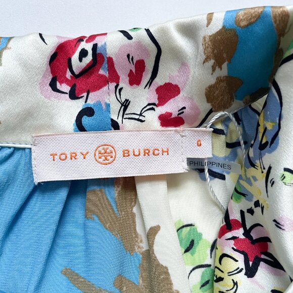 Tory Burch Printed Satin Bow Blouse Porcelain Floral Size 0 NEW NWT w/ flaws - Picture 7 of 15